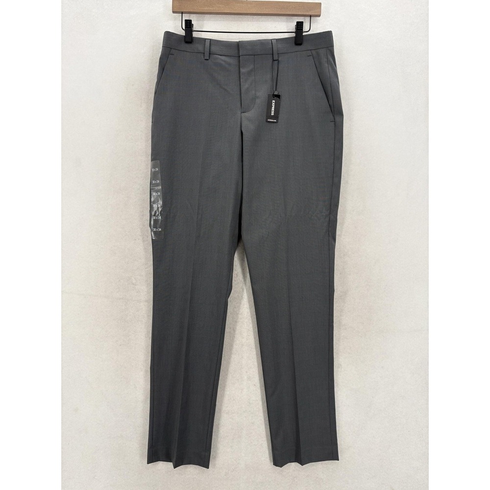 Express Performance Dress Pants Mens 30x34 Gray Slim Fit Plaid Stretch Business